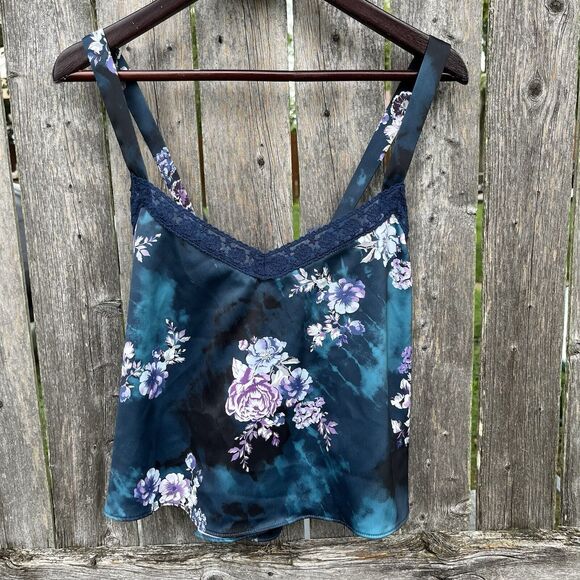 URBAN OUTFITTERS Leandra Whimsigoth Floral Lace Silk Feel Cami, Black/Blue-Large - Picture 2 of 9